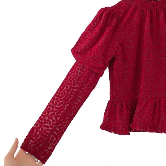 NWT The Kooples Burnout Velvet Polka Dot Puff Shoulder Peplum Long Sleeve Top - Picture 4 of 8